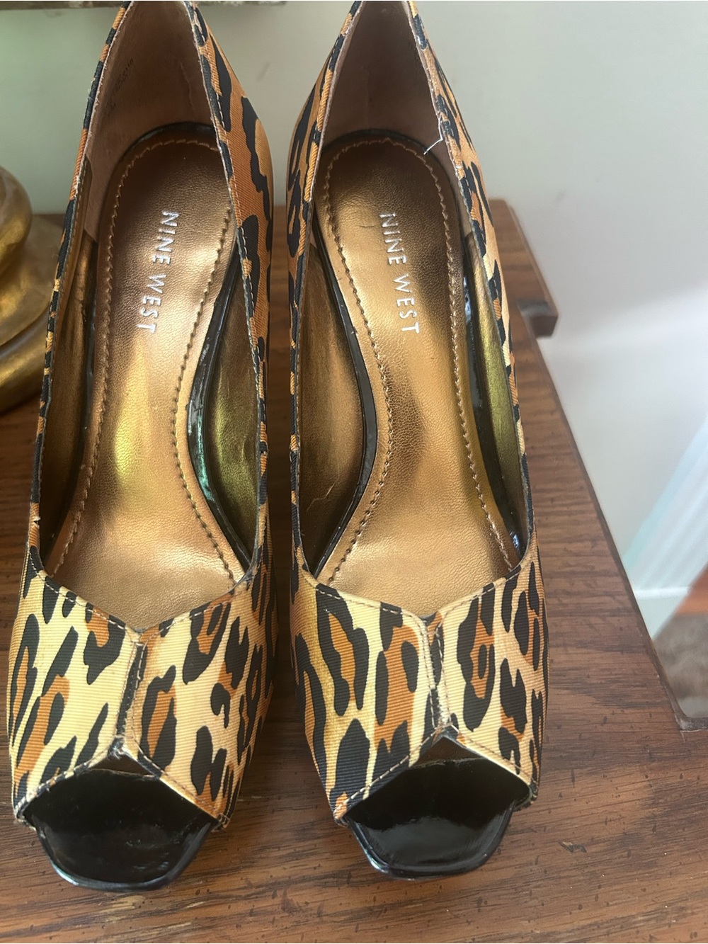 Nine West Leopard Print Peep-Toe Heels in Tan and Black